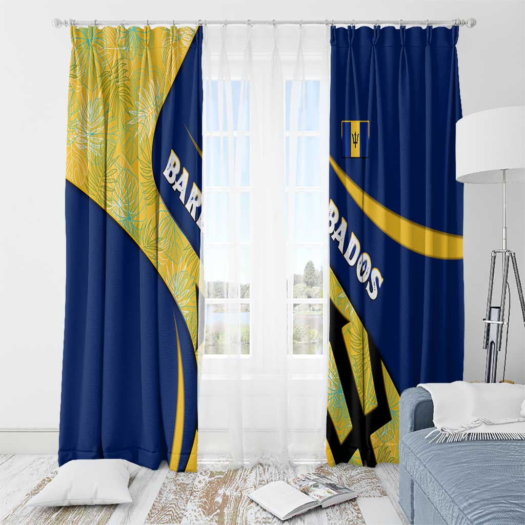Barbados Flag Window Curtain Blue and Yellow with Trident and Tropical Leaf Pattern - Wonder Print Shop