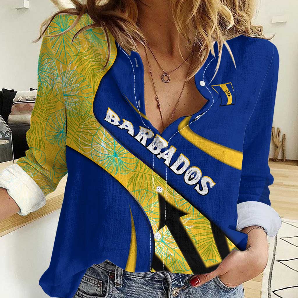 Barbados Flag Women Casual Shirt Blue and Yellow with Trident and Tropical Leaf Pattern - Wonder Print Shop