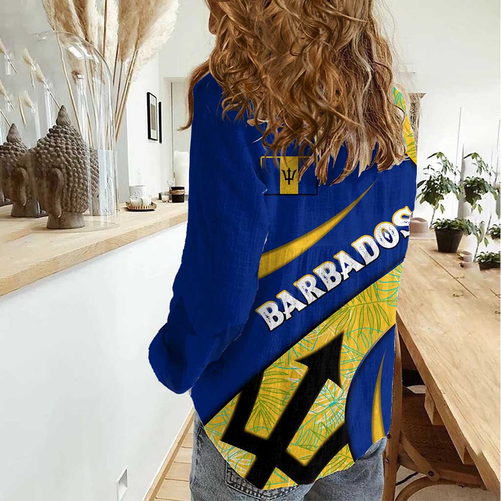Barbados Flag Women Casual Shirt Blue and Yellow with Trident and Tropical Leaf Pattern - Wonder Print Shop