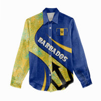 Barbados Flag Women Casual Shirt Blue and Yellow with Trident and Tropical Leaf Pattern - Wonder Print Shop