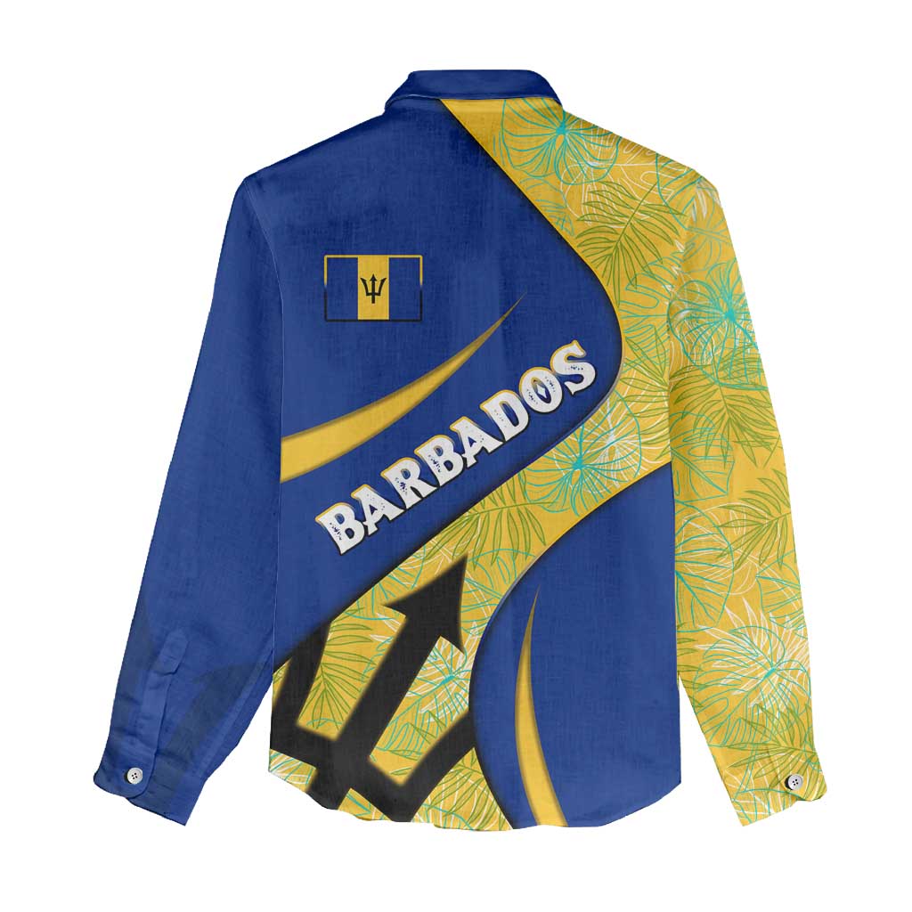 Barbados Flag Women Casual Shirt Blue and Yellow with Trident and Tropical Leaf Pattern - Wonder Print Shop