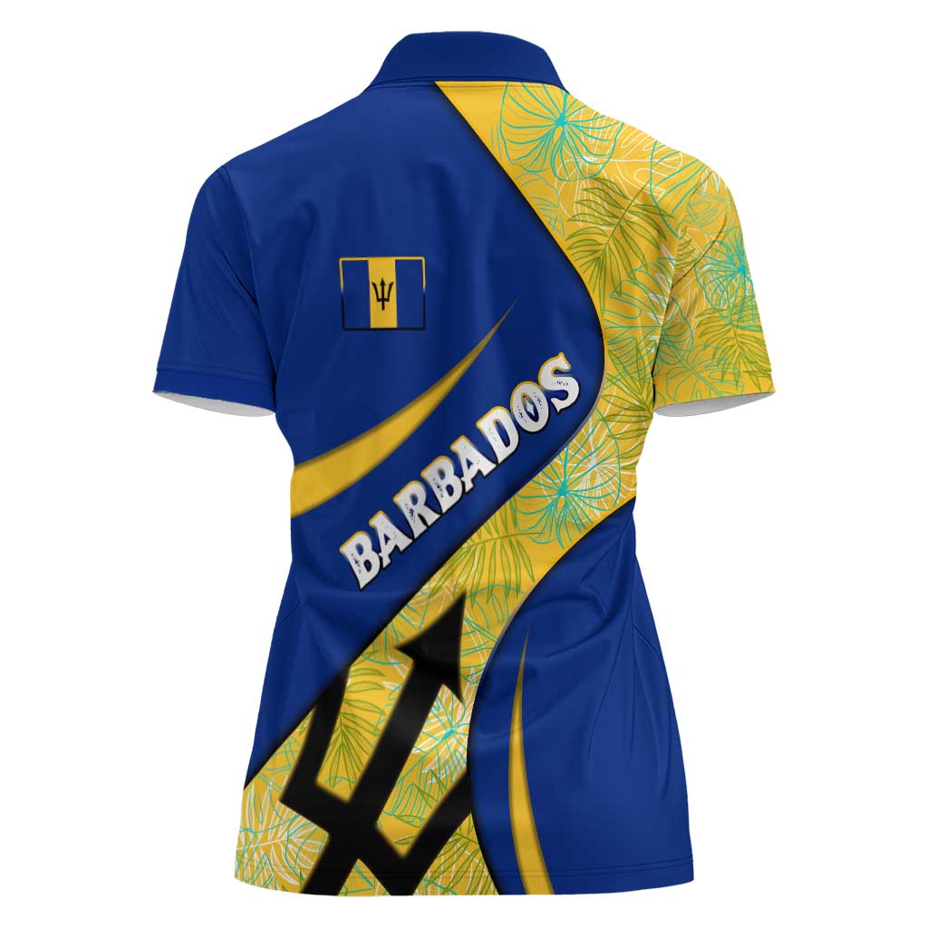 Barbados Flag Women Polo Shirt Blue and Yellow with Trident and Tropical Leaf Pattern - Wonder Print Shop