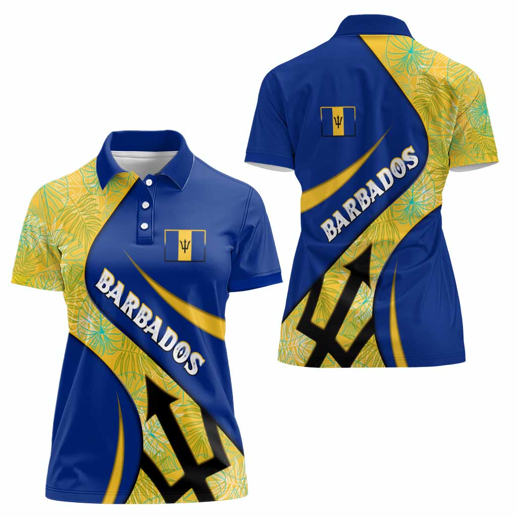 Barbados Flag Women Polo Shirt Blue and Yellow with Trident and Tropical Leaf Pattern - Wonder Print Shop