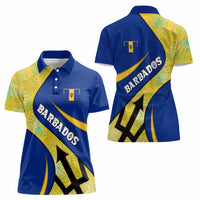 Barbados Flag Women Polo Shirt Blue and Yellow with Trident and Tropical Leaf Pattern - Wonder Print Shop