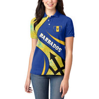 Barbados Flag Women Polo Shirt Blue and Yellow with Trident and Tropical Leaf Pattern - Wonder Print Shop