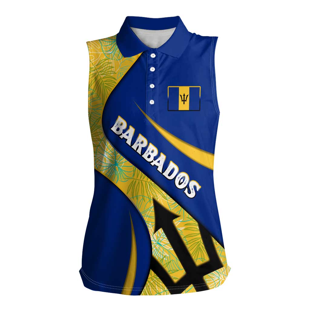 Barbados Flag Women Sleeveless Polo Shirt Blue and Yellow with Trident and Tropical Leaf Pattern - Wonder Print Shop