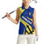 Barbados Flag Women Sleeveless Polo Shirt Blue and Yellow with Trident and Tropical Leaf Pattern - Wonder Print Shop