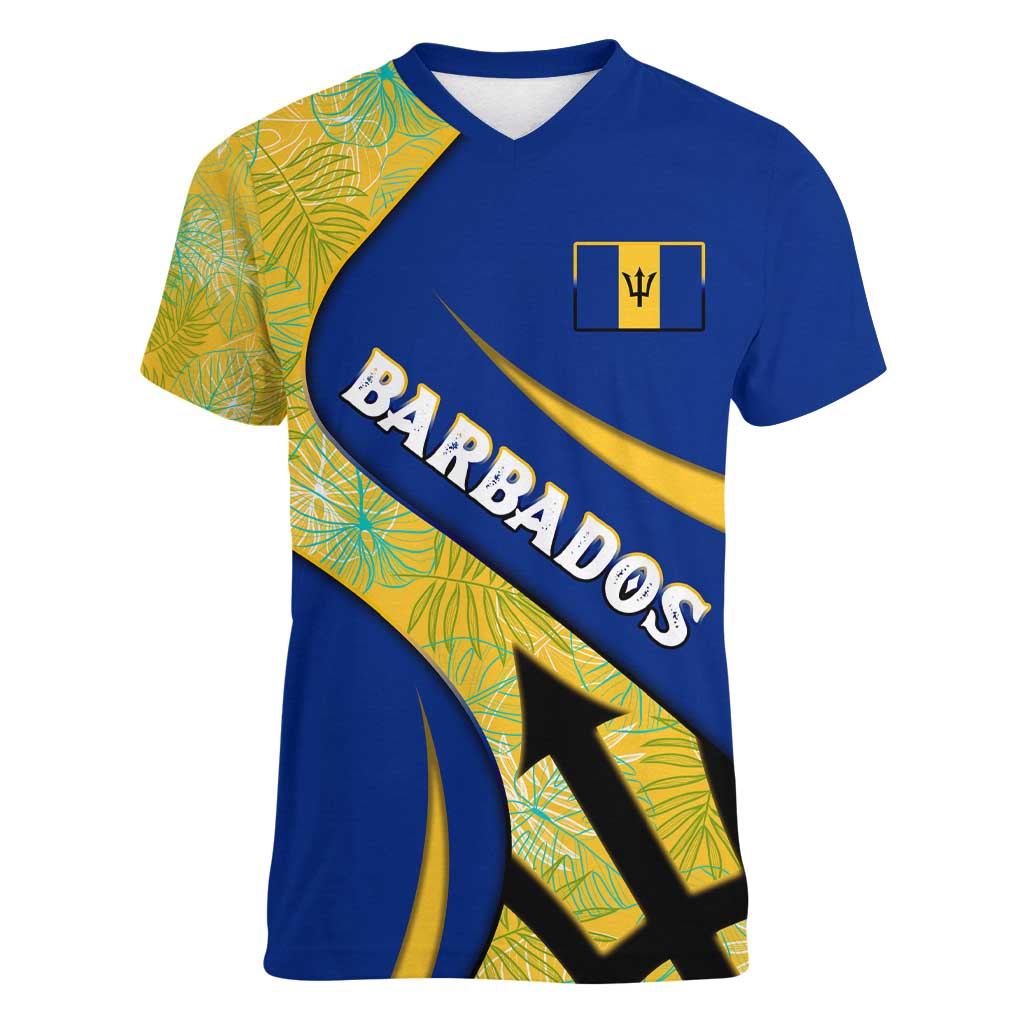 Barbados Flag Women V-Neck T-Shirt Blue and Yellow with Trident and Tropical Leaf Pattern - Wonder Print Shop