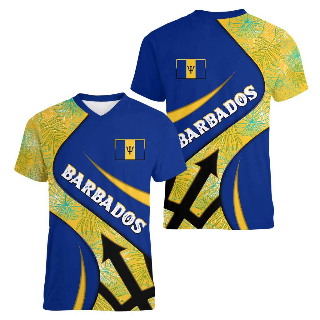 Barbados Flag Women V-Neck T-Shirt Blue and Yellow with Trident and Tropical Leaf Pattern - Wonder Print Shop