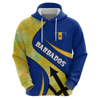 Barbados Flag Zip Hoodie Blue and Yellow with Trident and Tropical Leaf Pattern - Wonder Print Shop