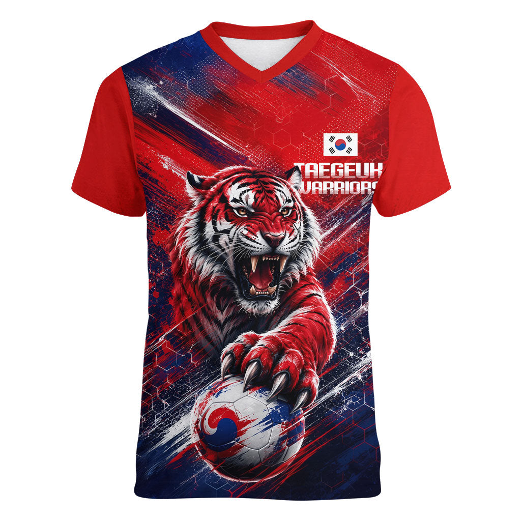 Personalized Taegeuk Warriors Korean Tiger Football Women V-Neck T-Shirt South Korean Tiger Soccer Ball Flag
