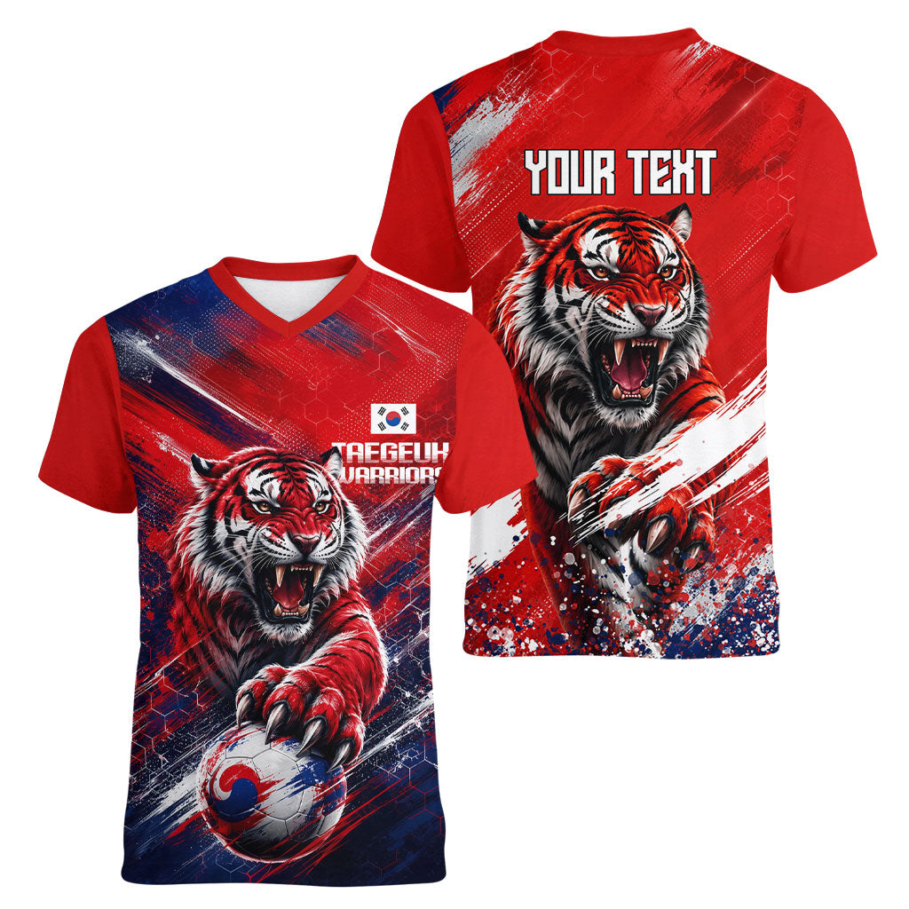 Personalized Taegeuk Warriors Korean Tiger Football Women V-Neck T-Shirt South Korean Tiger Soccer Ball Flag