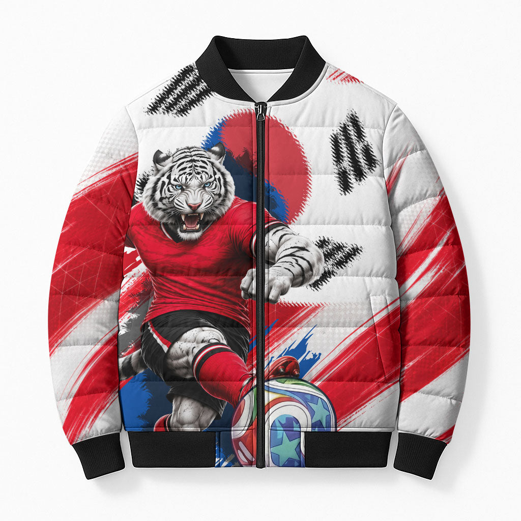Personalized South Korea White Tiger Soccer Bomber Puffer Jacket Fierce Football Mascot Korean Flag