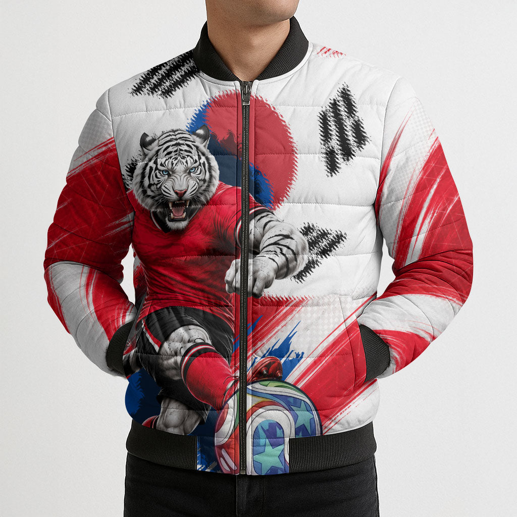 Personalized South Korea White Tiger Soccer Bomber Puffer Jacket Fierce Football Mascot Korean Flag