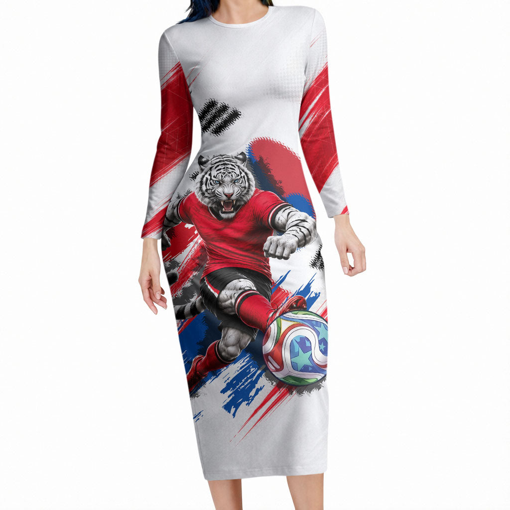 Personalized South Korea White Tiger Soccer Long Sleeve Bodycon Dress Fierce Football Mascot Korean Flag