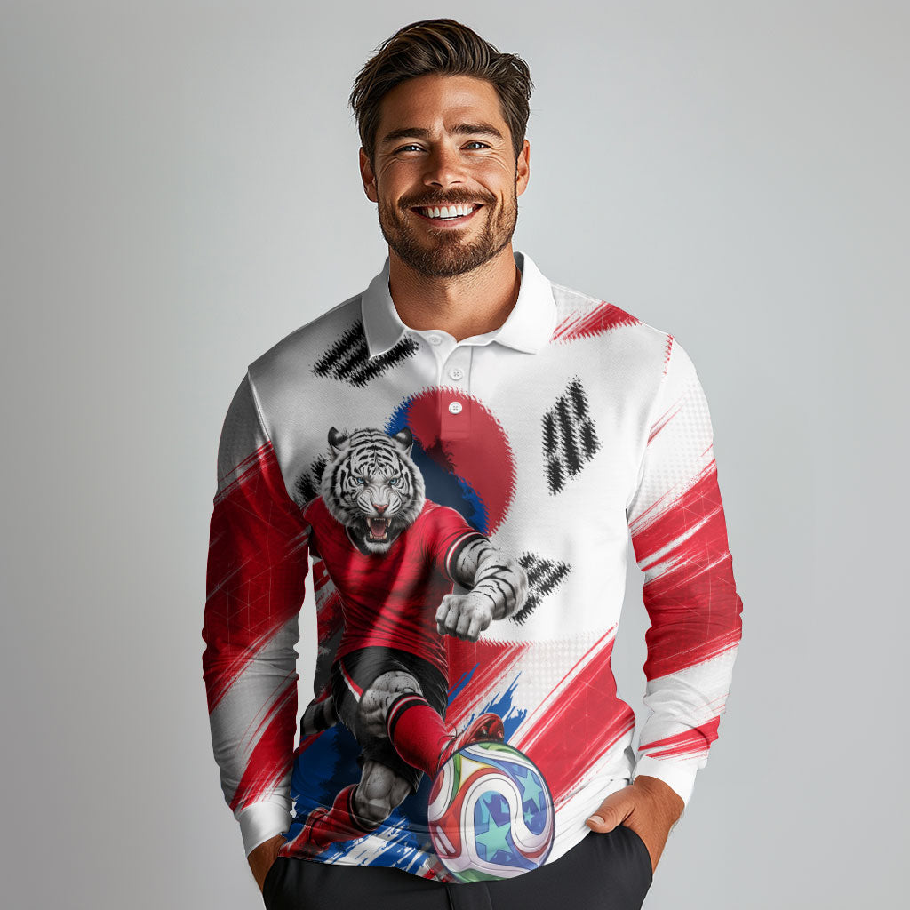 Personalized South Korea White Tiger Soccer Long Sleeve Polo Shirt Fierce Football Mascot Korean Flag