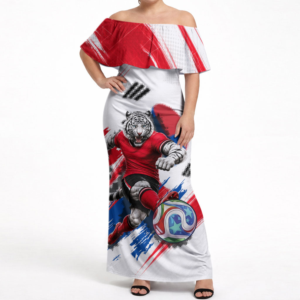 Personalized South Korea White Tiger Soccer Off Shoulder Maxi Dress Fierce Football Mascot Korean Flag