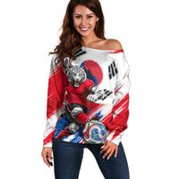 Personalized South Korea White Tiger Soccer Off Shoulder Sweater Fierce Football Mascot Korean Flag