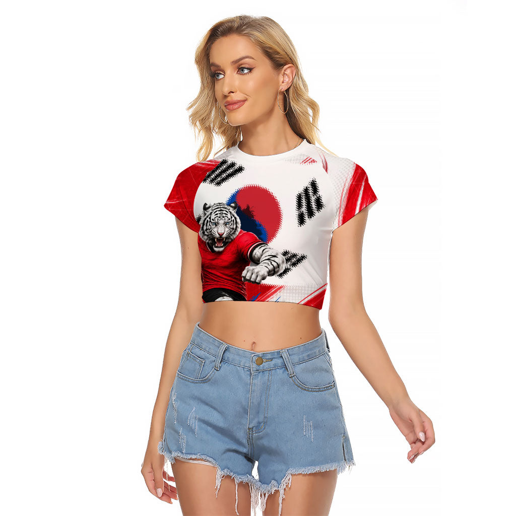 Personalized South Korea White Tiger Soccer Raglan Cropped T Shirt Fierce Football Mascot Korean Flag