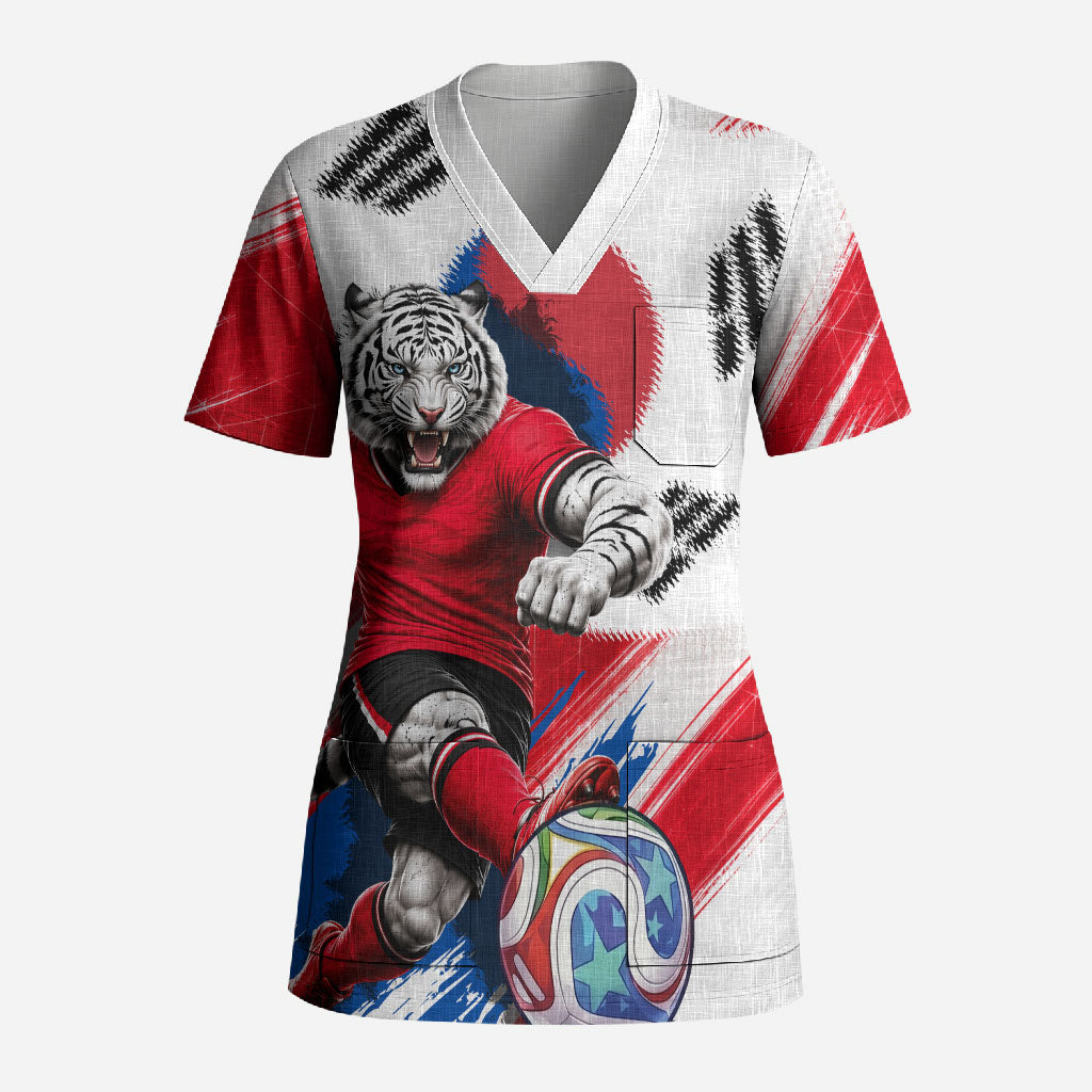 Personalized South Korea White Tiger Soccer Scrub Top Fierce Football Mascot Korean Flag