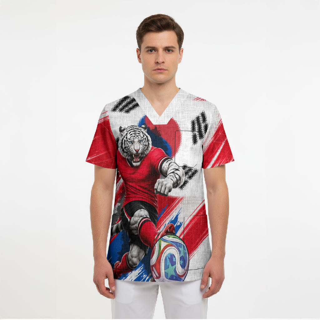Personalized South Korea White Tiger Soccer Scrub Top Fierce Football Mascot Korean Flag