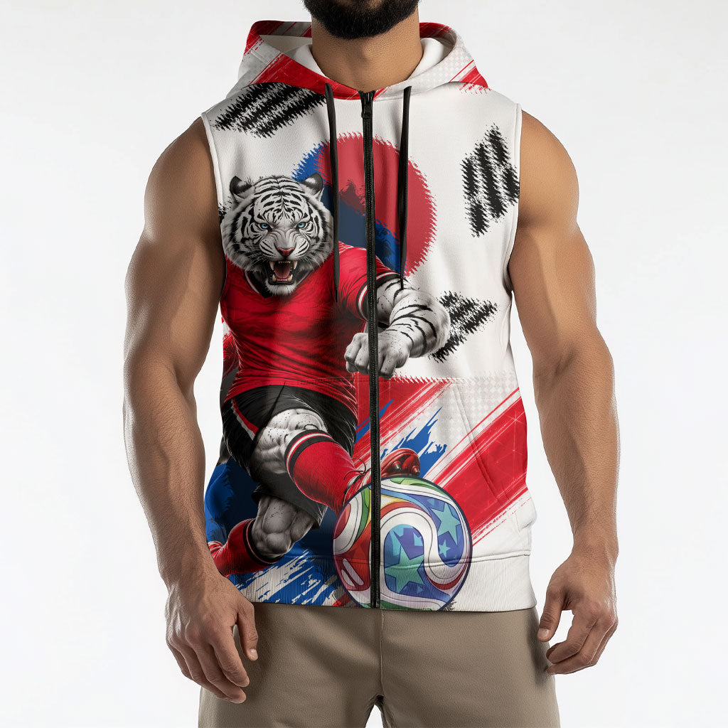 Personalized South Korea White Tiger Soccer Sleeveless Zip Hoodie Fierce Football Mascot Korean Flag