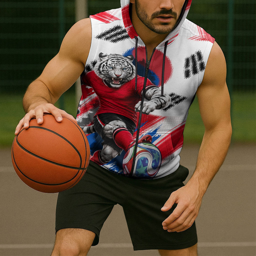 Personalized South Korea White Tiger Soccer Sleeveless Zip Hoodie Fierce Football Mascot Korean Flag