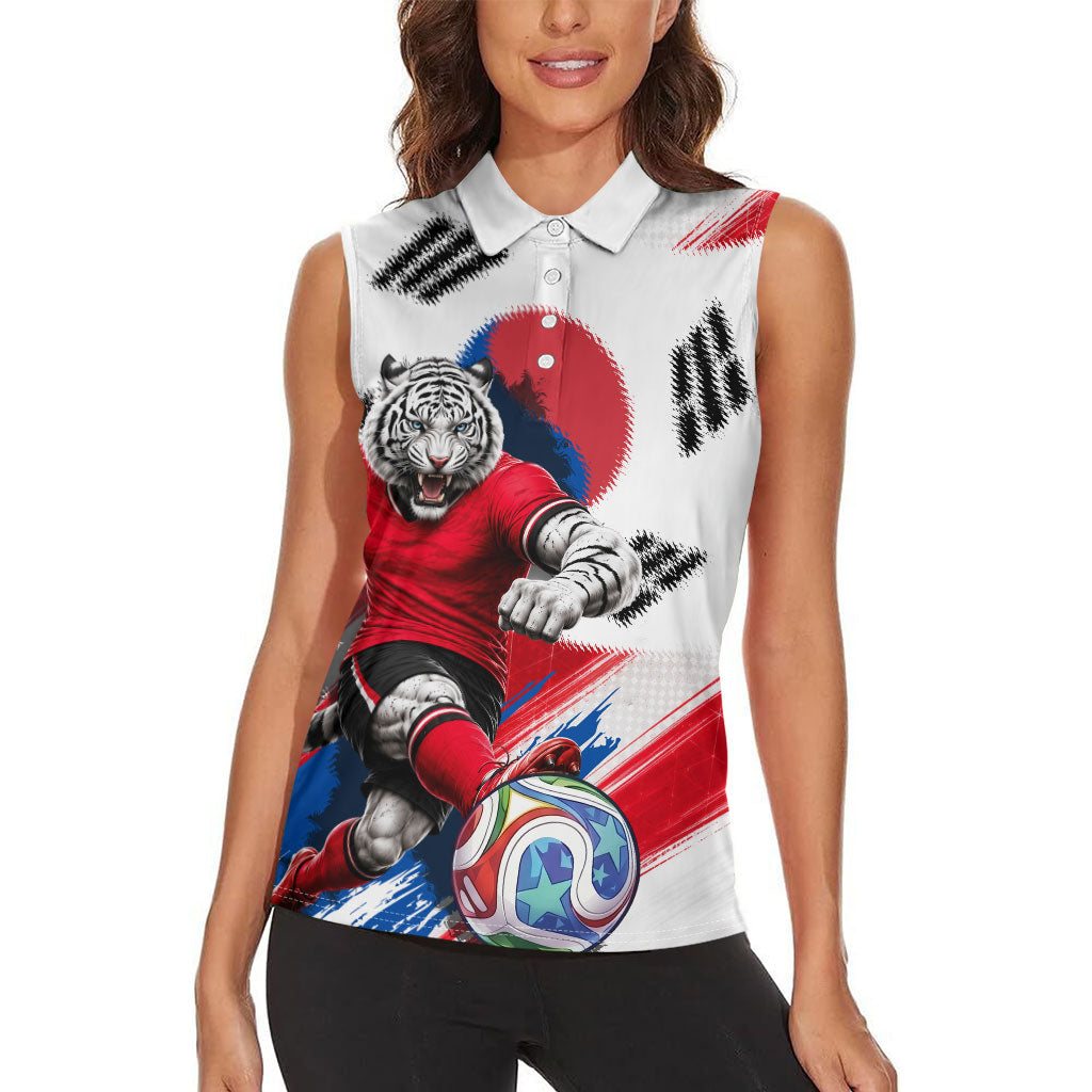 Personalized South Korea White Tiger Soccer Women Sleeveless Polo Shirt Fierce Football Mascot Korean Flag