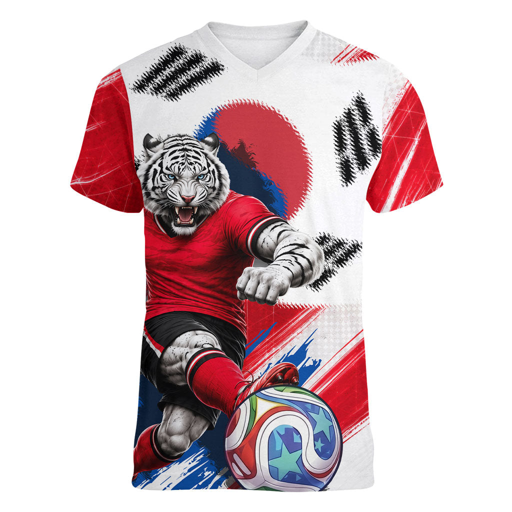 Personalized South Korea White Tiger Soccer Women V-Neck T-Shirt Fierce Football Mascot Korean Flag