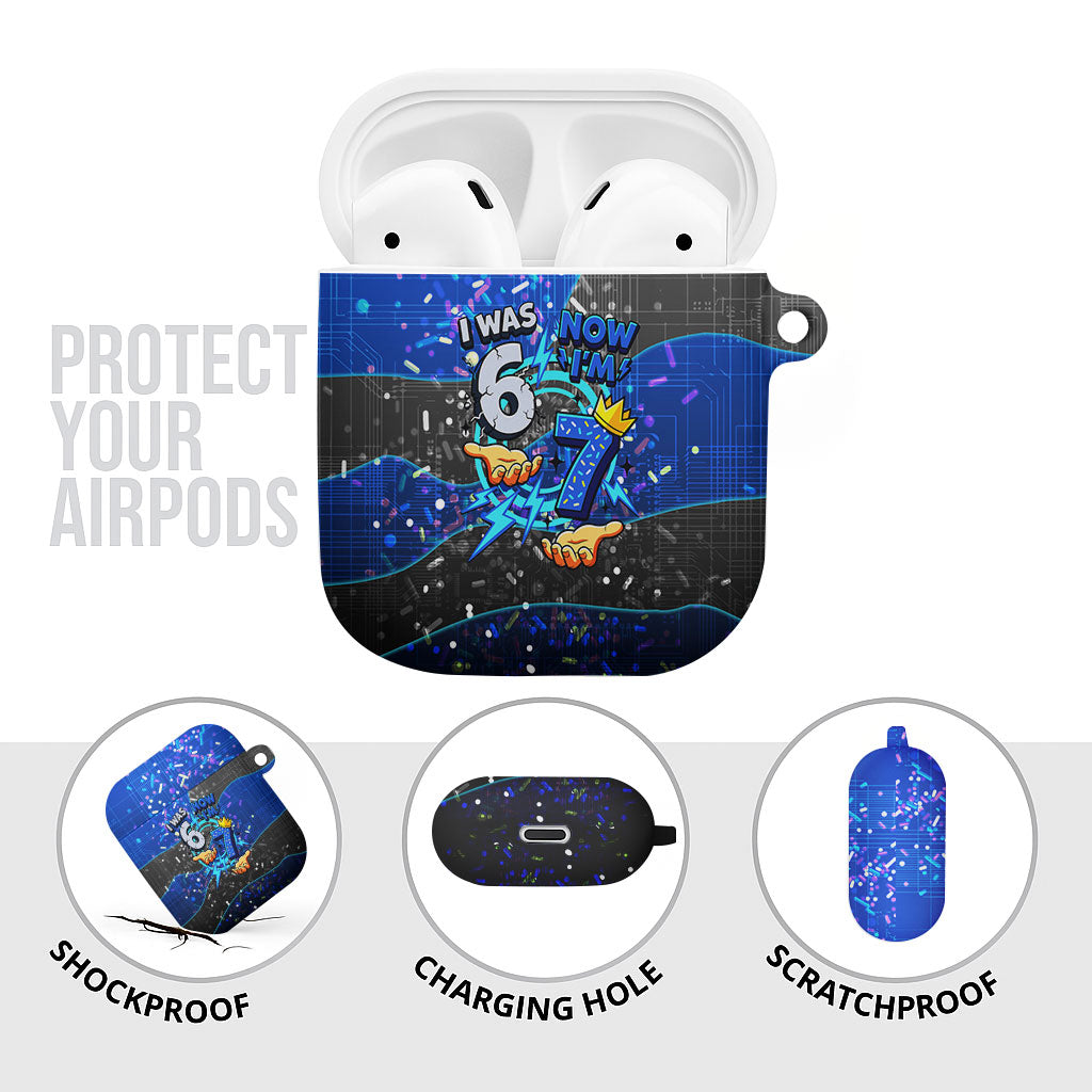 7th Birthday Boys AirPods Case I was 6 Now Im 7 Gaming And Tech Theme