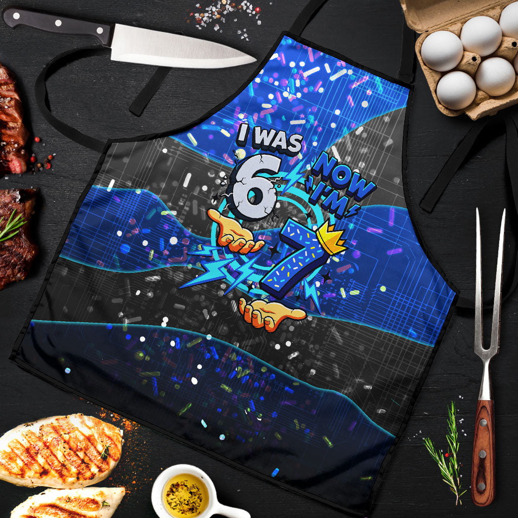 7th Birthday Boys Apron I was 6 Now Im 7 Gaming And Tech Theme
