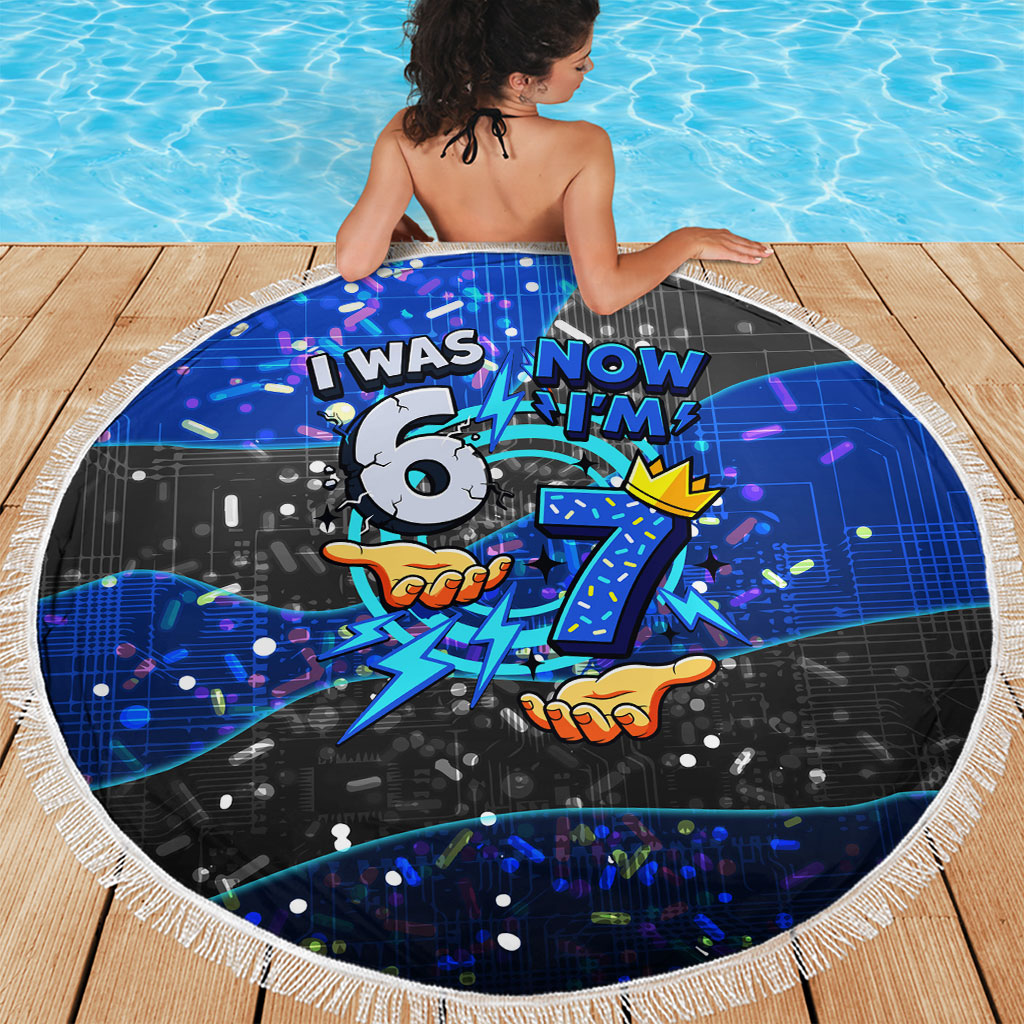 7th Birthday Boys Beach Blanket I was 6 Now Im 7 Gaming And Tech Theme