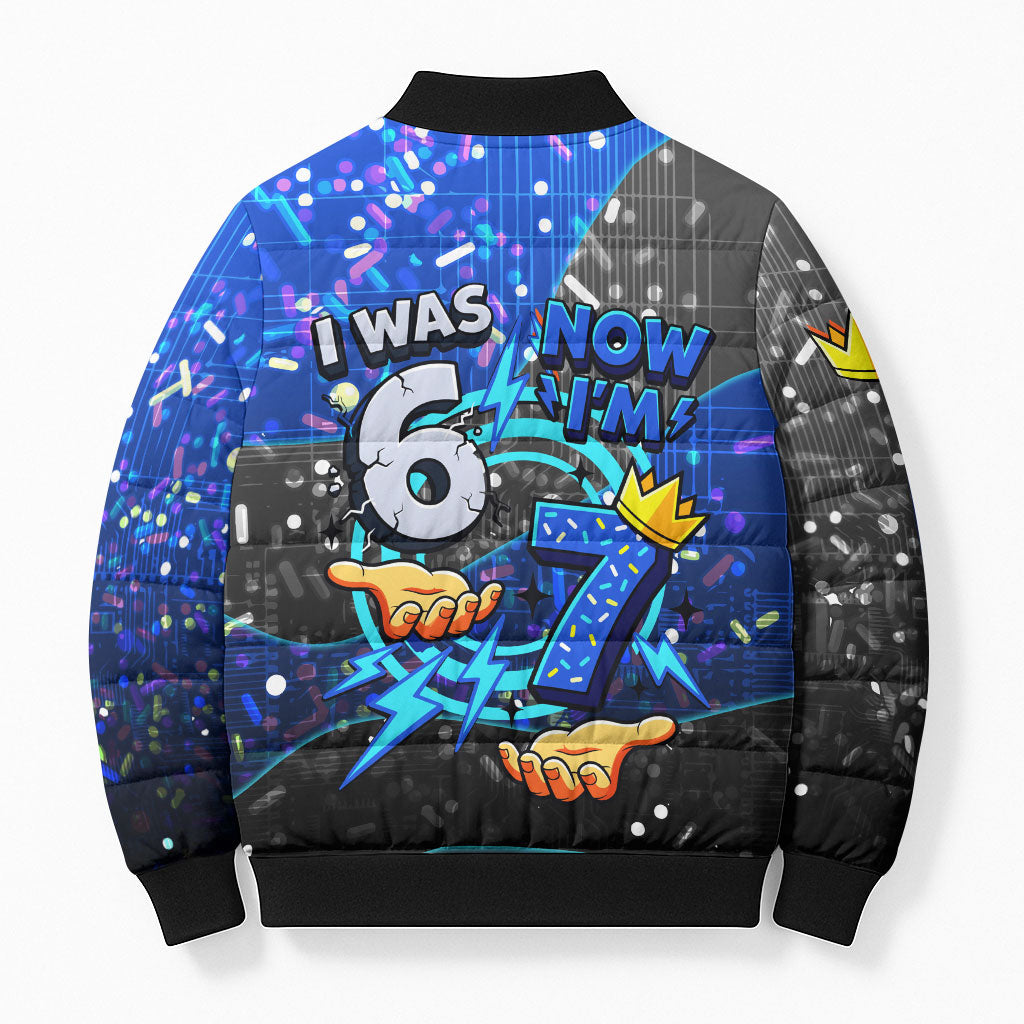 7th Birthday Boys Bomber Puffer Jacket I was 6 Now Im 7 Gaming And Tech Theme