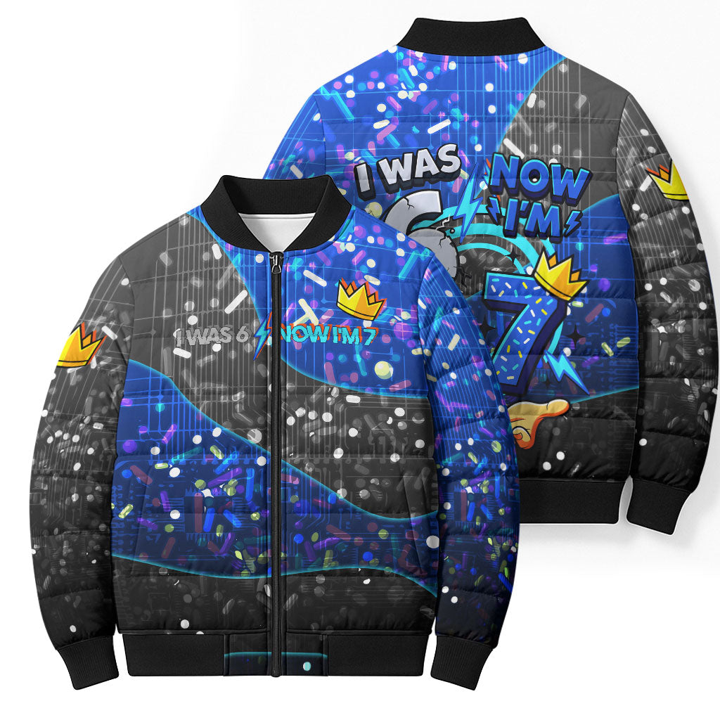 7th Birthday Boys Bomber Puffer Jacket I was 6 Now Im 7 Gaming And Tech Theme