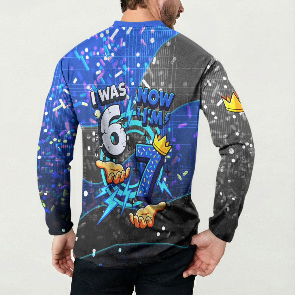7th Birthday Boys Button Sweatshirt I was 6 Now Im 7 Gaming And Tech Theme
