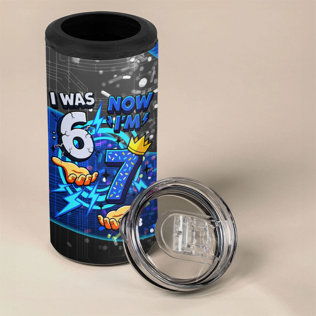 7th Birthday Boys 4 in 1 Can Cooler Tumbler I was 6 Now Im 7 Gaming And Tech Theme