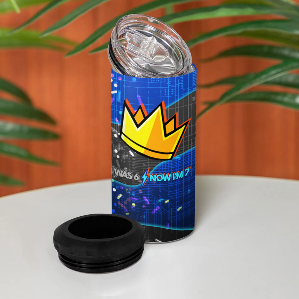 7th Birthday Boys 4 in 1 Can Cooler Tumbler I was 6 Now Im 7 Gaming And Tech Theme