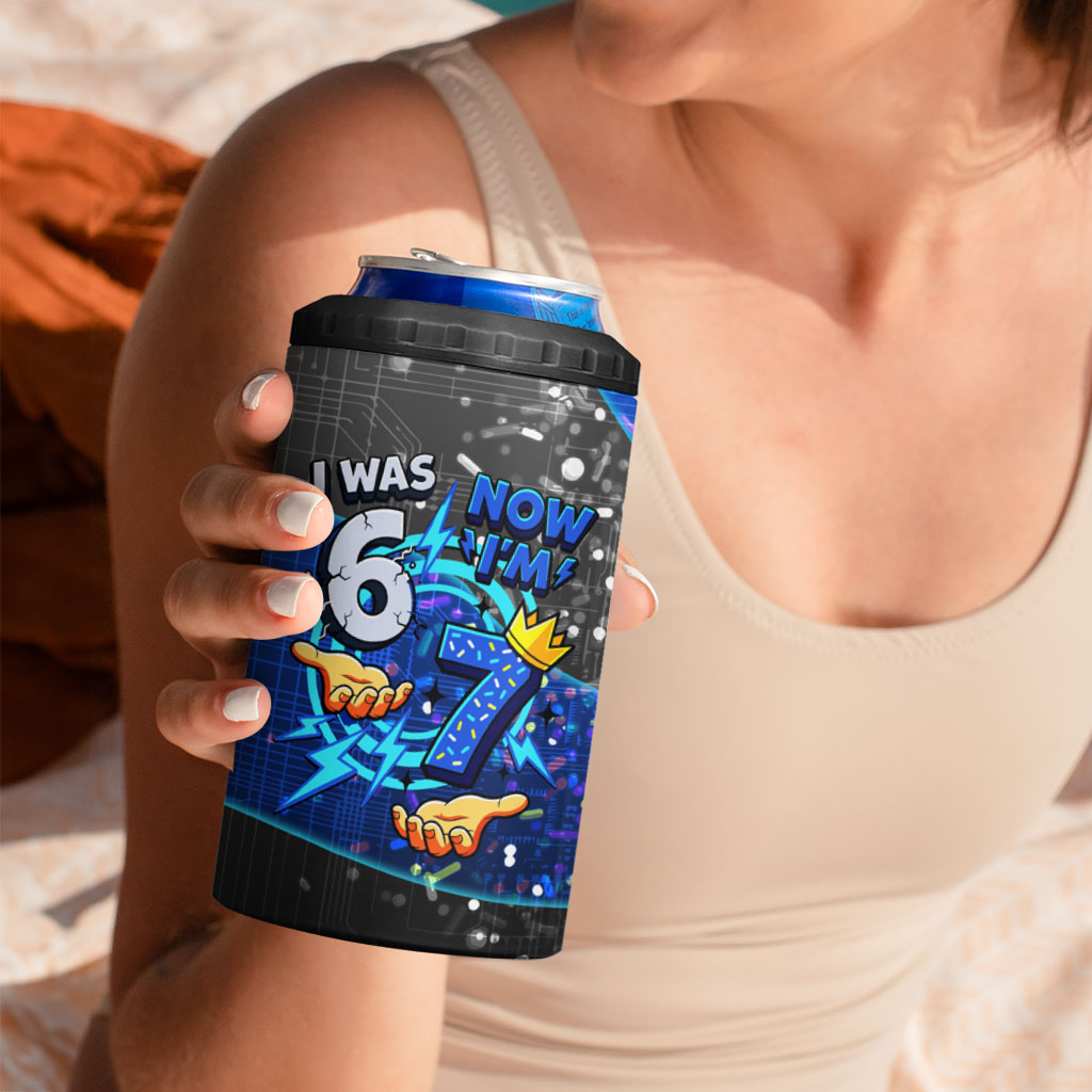 7th Birthday Boys 4 in 1 Can Cooler Tumbler I was 6 Now Im 7 Gaming And Tech Theme