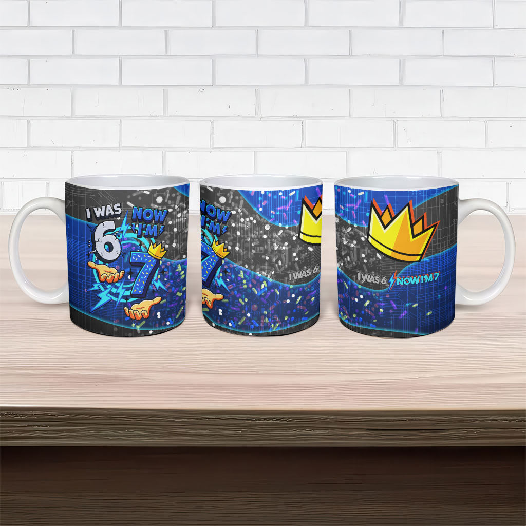 7th Birthday Boys Ceramic Mug I was 6 Now Im 7 Gaming And Tech Theme