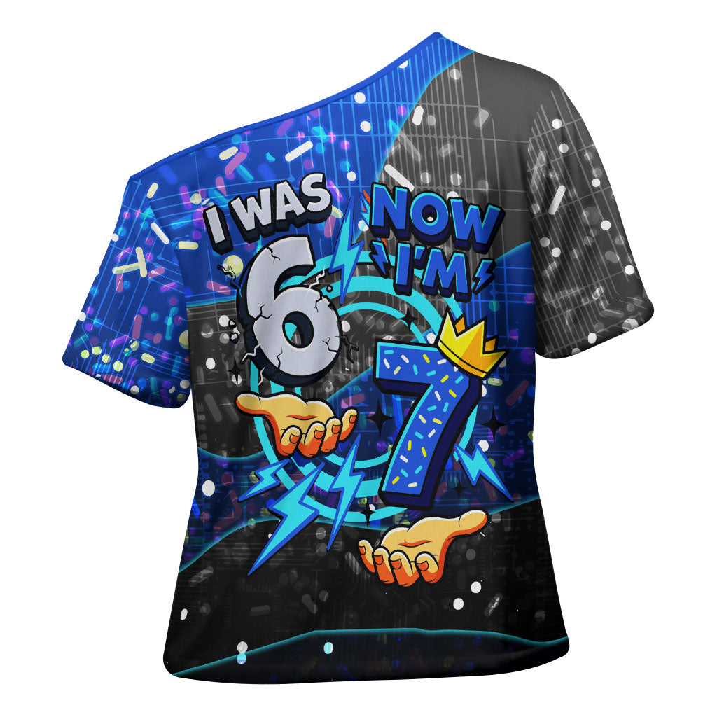 7th Birthday Boys Cross Shoulder Shirt I was 6 Now Im 7 Gaming And Tech Theme