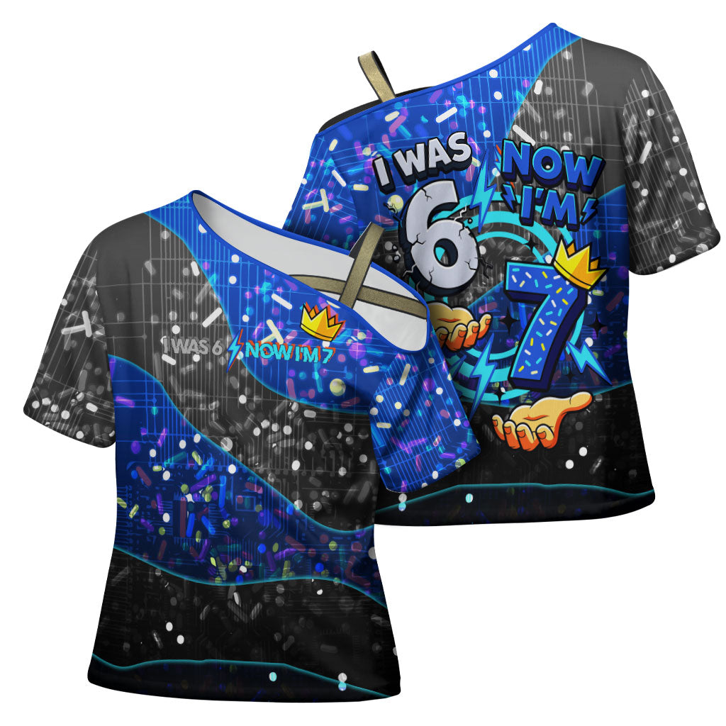 7th Birthday Boys Cross Shoulder Shirt I was 6 Now Im 7 Gaming And Tech Theme
