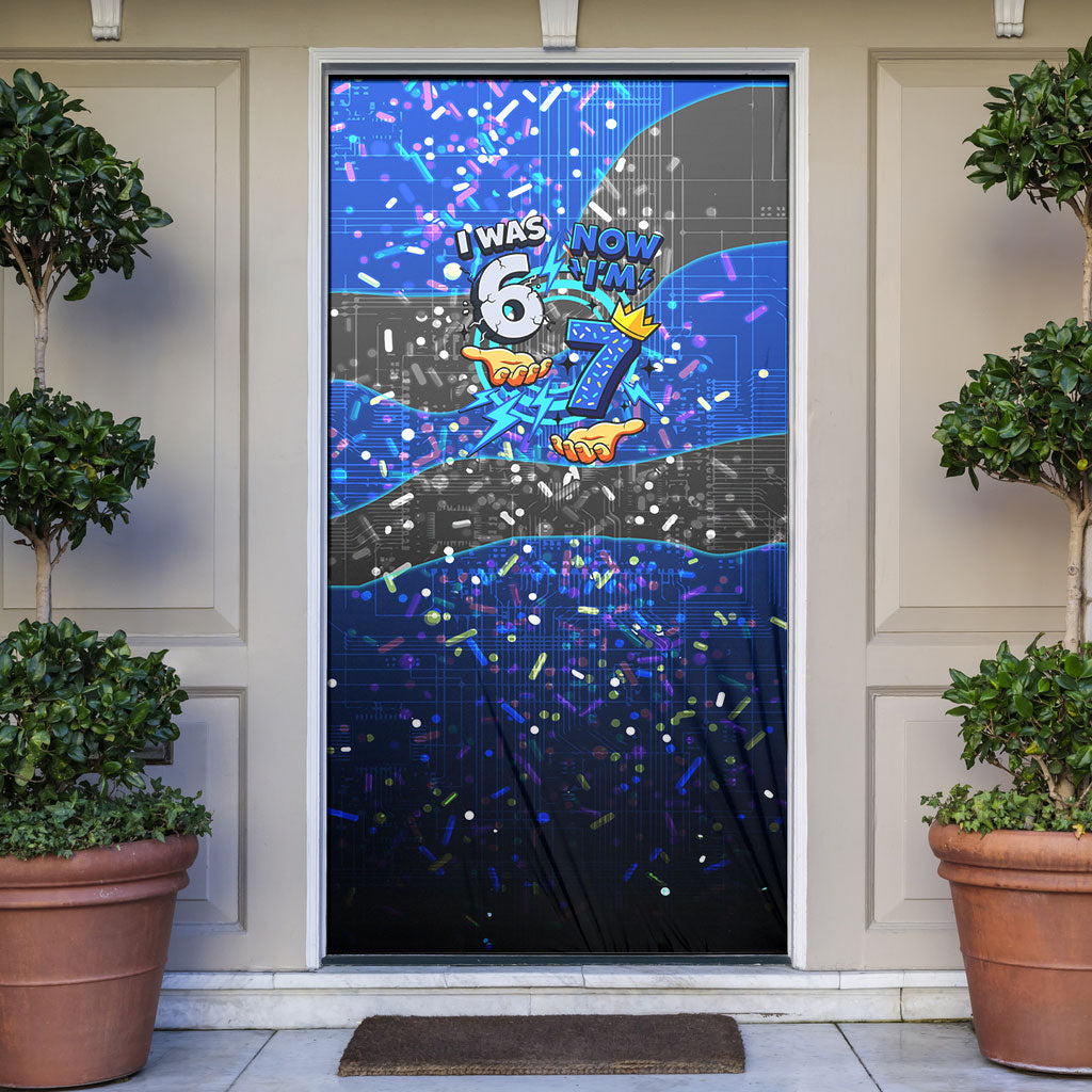7th Birthday Boys Door Cover I was 6 Now Im 7 Gaming And Tech Theme