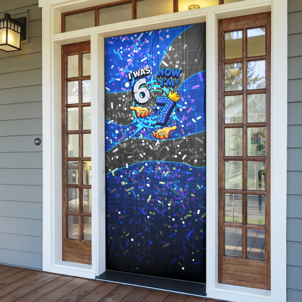 7th Birthday Boys Door Cover I was 6 Now Im 7 Gaming And Tech Theme