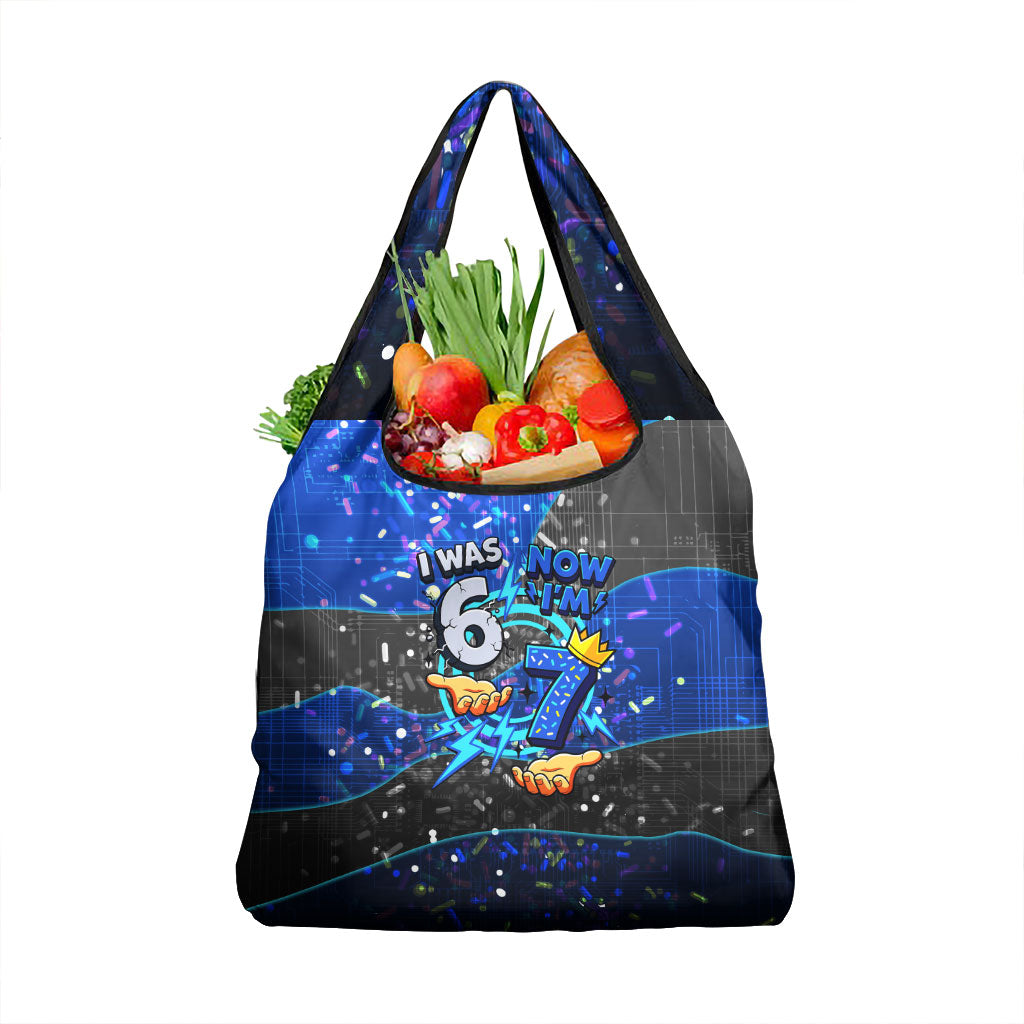 7th Birthday Boys Grocery Bag I was 6 Now Im 7 Gaming And Tech Theme
