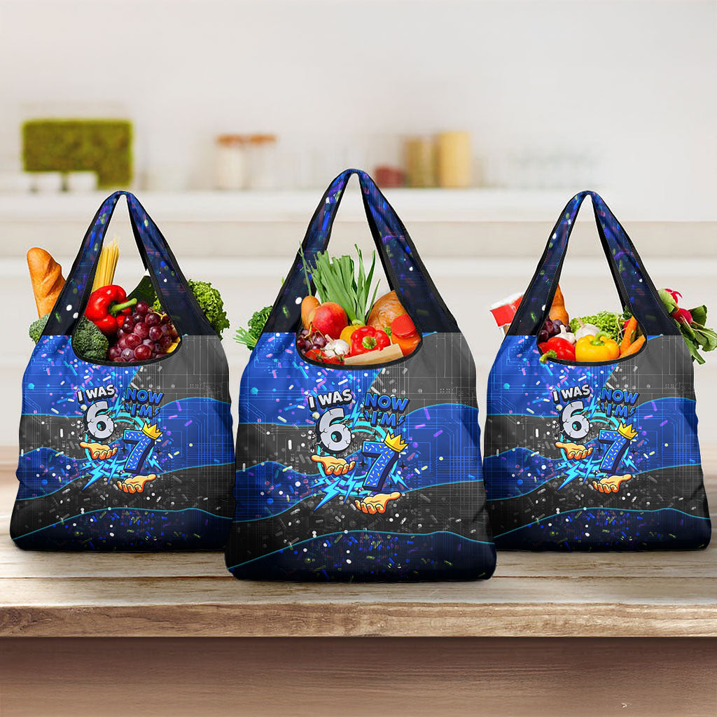 7th Birthday Boys Grocery Bag I was 6 Now Im 7 Gaming And Tech Theme