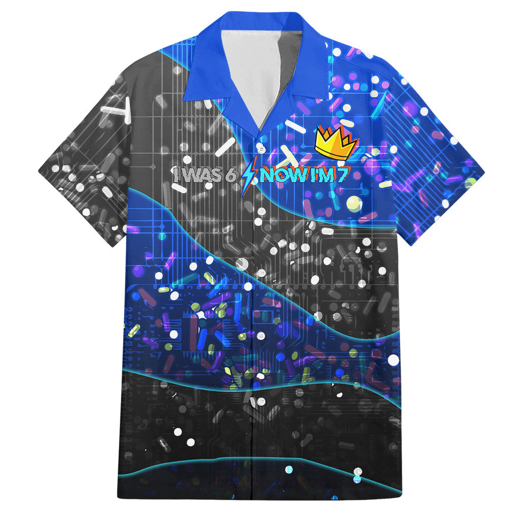 7th Birthday Boys Hawaiian Shirt I was 6 Now Im 7 Gaming And Tech Theme