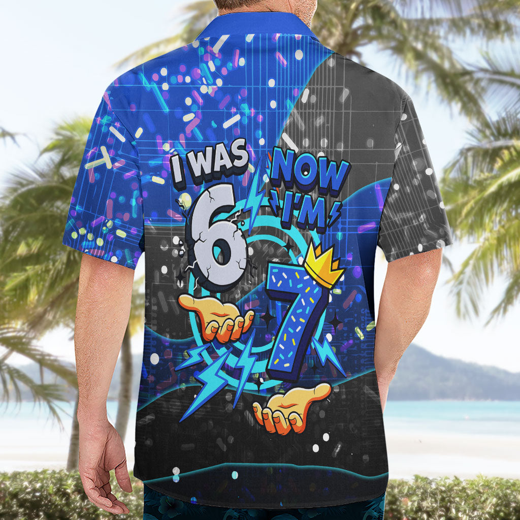7th Birthday Boys Hawaiian Shirt I was 6 Now Im 7 Gaming And Tech Theme