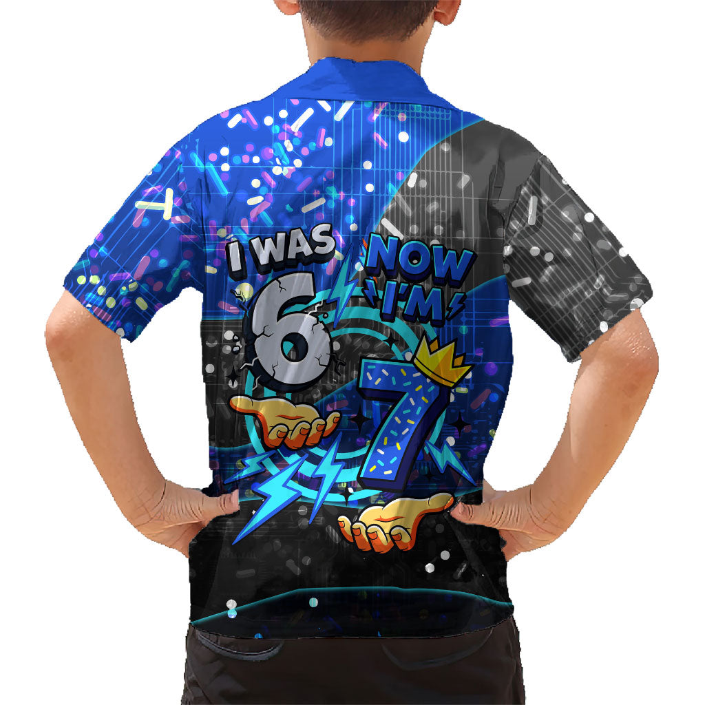 7th Birthday Boys Hawaiian Shirt I was 6 Now Im 7 Gaming And Tech Theme