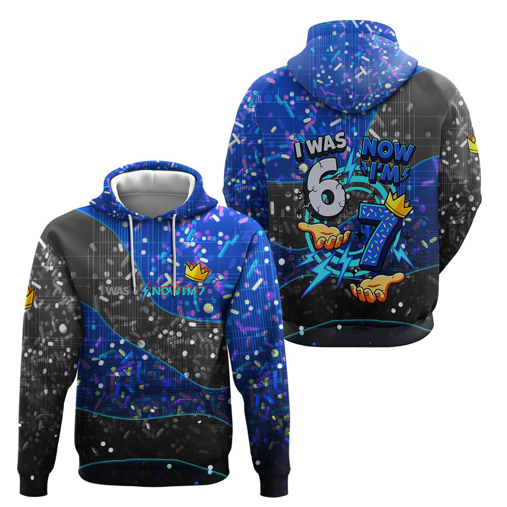 7th Birthday Boys Hoodie I was 6 Now Im 7 Gaming And Tech Theme
