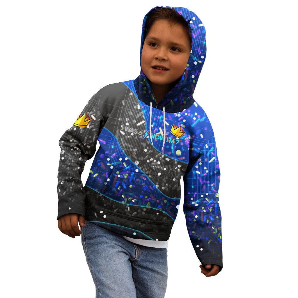 7th Birthday Boys Kid Hoodie I was 6 Now Im 7 Gaming And Tech Theme